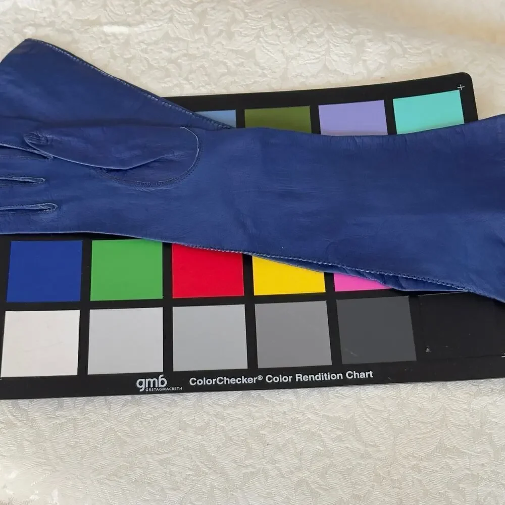 Vintage 13” Elbow Length Blue Kid Leather Women’s French Gloves 1950’s Size 6